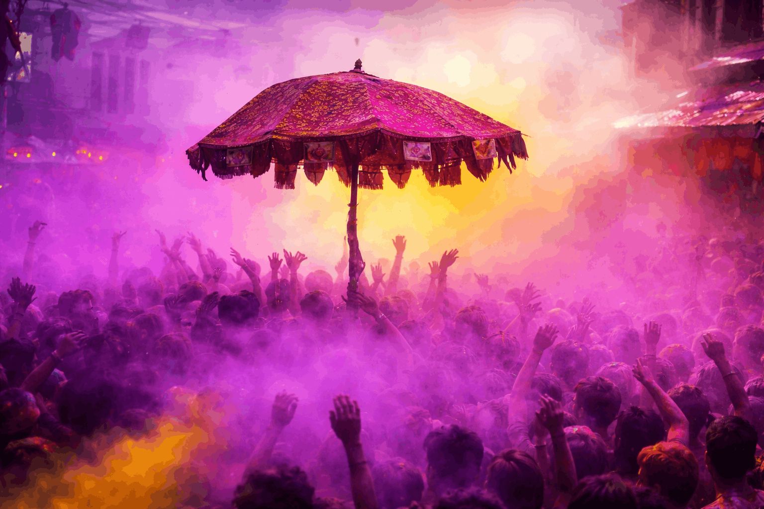 Pushkar Holi celebration with colorful gulal clouds and traditional umbrella above dancing crowd
